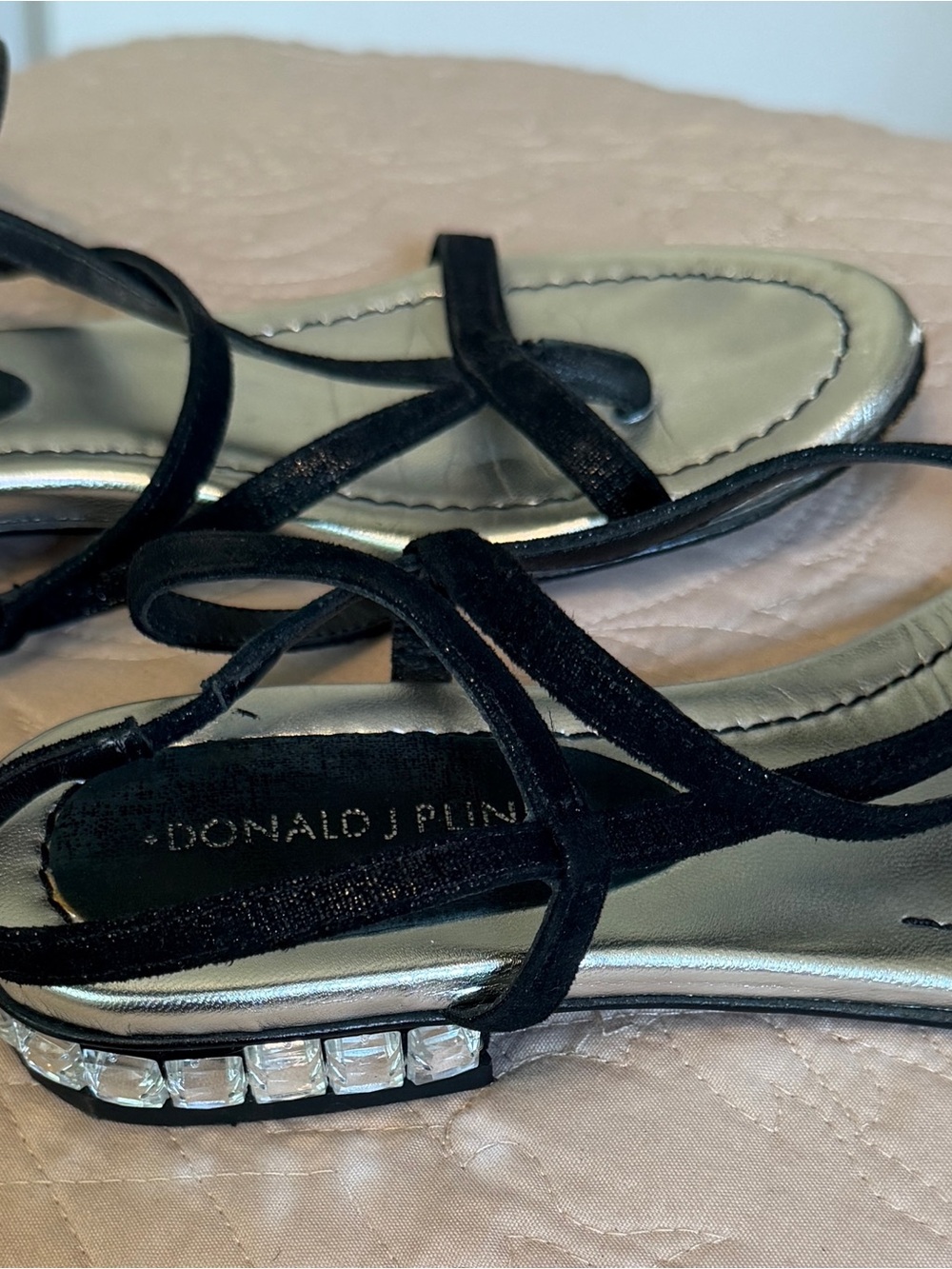 Donald J. Pliner Black Strappy Sandals with Silver Crystal Heel Accent - Picture 5 of 8